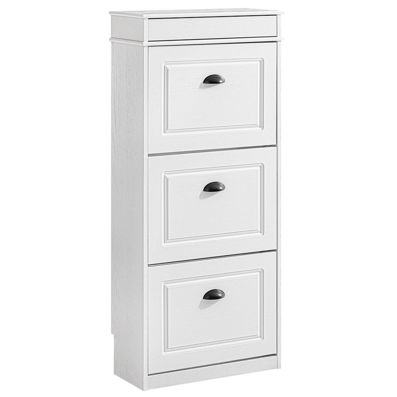 Moriah 12 Pair Shoe Storage Cabinet, White Vintage Wood Grain Effect/Black