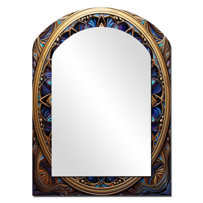 Rétro floral doré mandala magique II - miroir unique de forme irrégulière mandala boho, grand miroir mural asymétrique bleu, impression d'art en métal