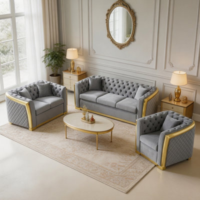 Ensemble canapé modulaire Chesterfield en velours 3 places avec fauteuils