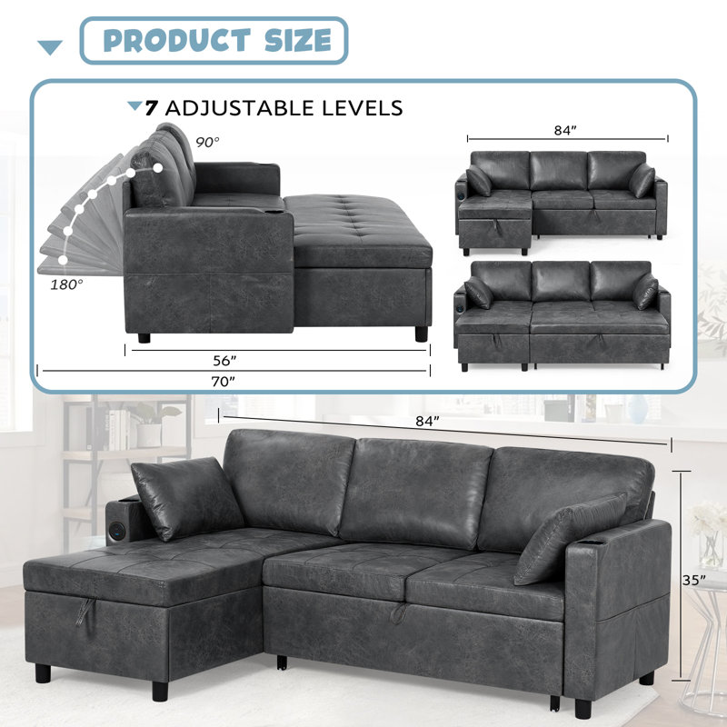 84" Reversible Sectional Pull-Out Sofa Bed With Adjustable Backrest,Suede Leather Modern L-Shape Sofa With Storage Chaise, 3-Seat Convertible Couch With Usb Charging Port For Living Room, Apartment, House
