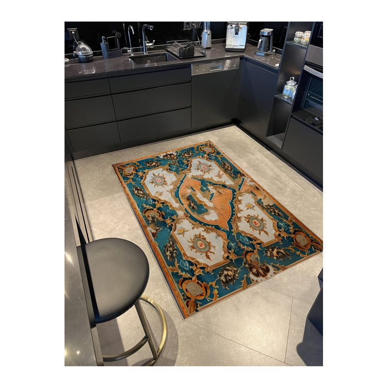 Tapis décoratif bleu traditionnel lavable à la machine, Tapis de couloir 2 pi 6 po x 9 pi 10 po inclus