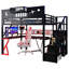 Lit mezzanine double avec escalier, garde-corps hauts, tablette de rangement et garde-robe