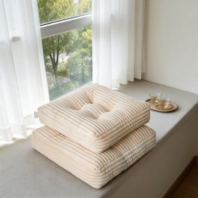 2 Pack Thick Striped Corduroy Floor Cushion, Square Tufted Floor Pillow, Soft Plush Seat Cushion for Living Room Bedroom Balcony, Cream Color
