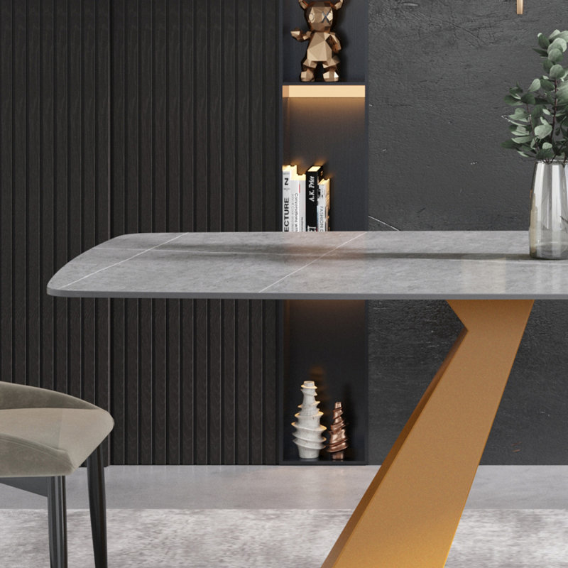 Ashni Rectangular ,Kitchen table,Pedestal dining table with pure natural material, Gray, 29.53"H x 70.87"L x 35.43"W, Golden