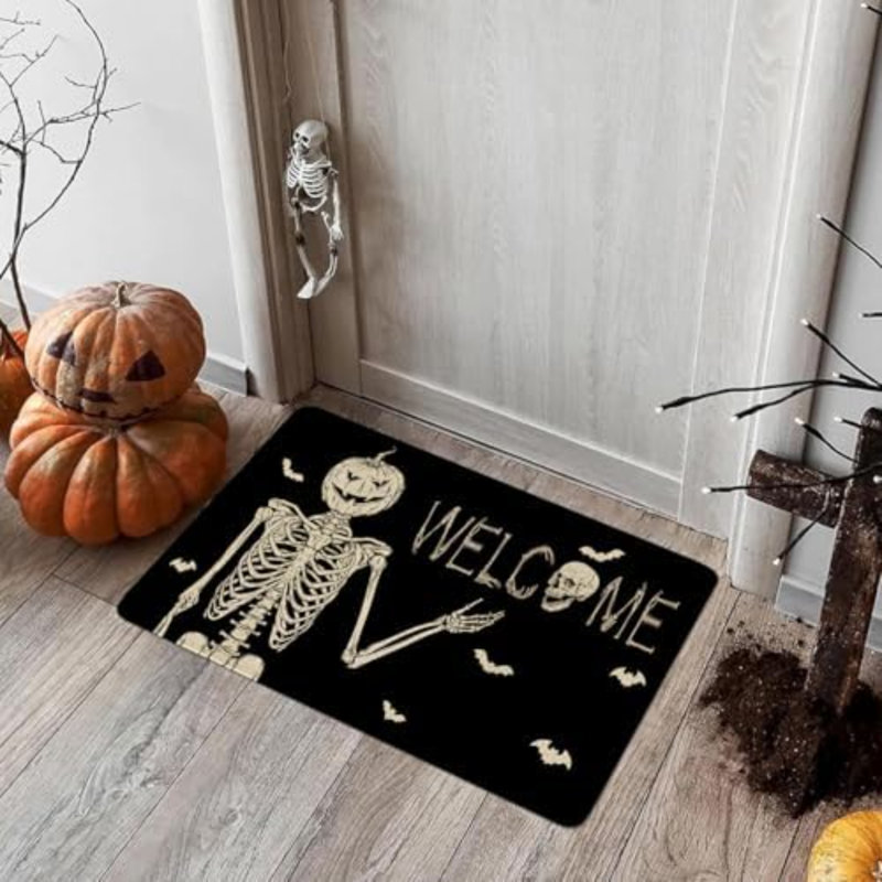 Tapis de porte d'Halloween, tapis de bienvenue d'Halloween squelette Spooky, tapis d'entrée de paillasson d'Halloween, noir, 17 po x 30 po