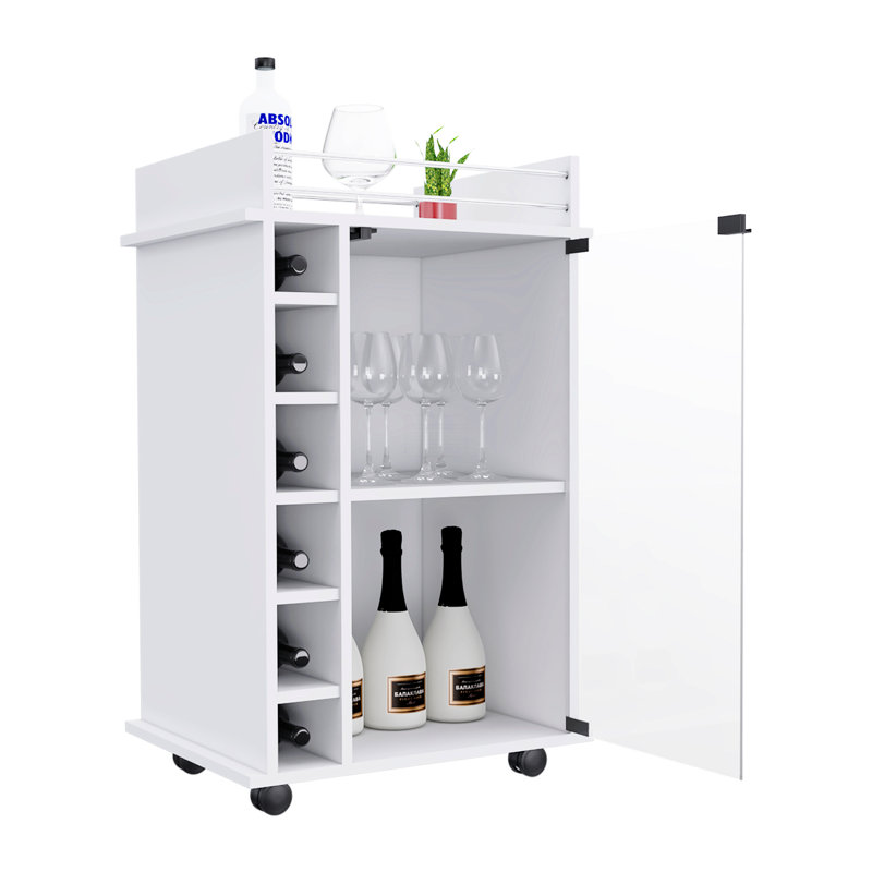 Chariot-bar, porte en verre, quatre roulettes, deux tablettes, Blanc