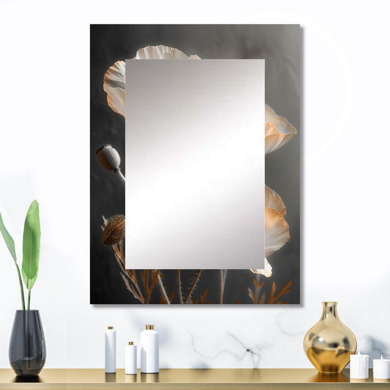 Blanc gris gris rétro Glamour Poppies - grand miroir mural coquelicots, miroir décoratif traditionnel, impression d'art en métal