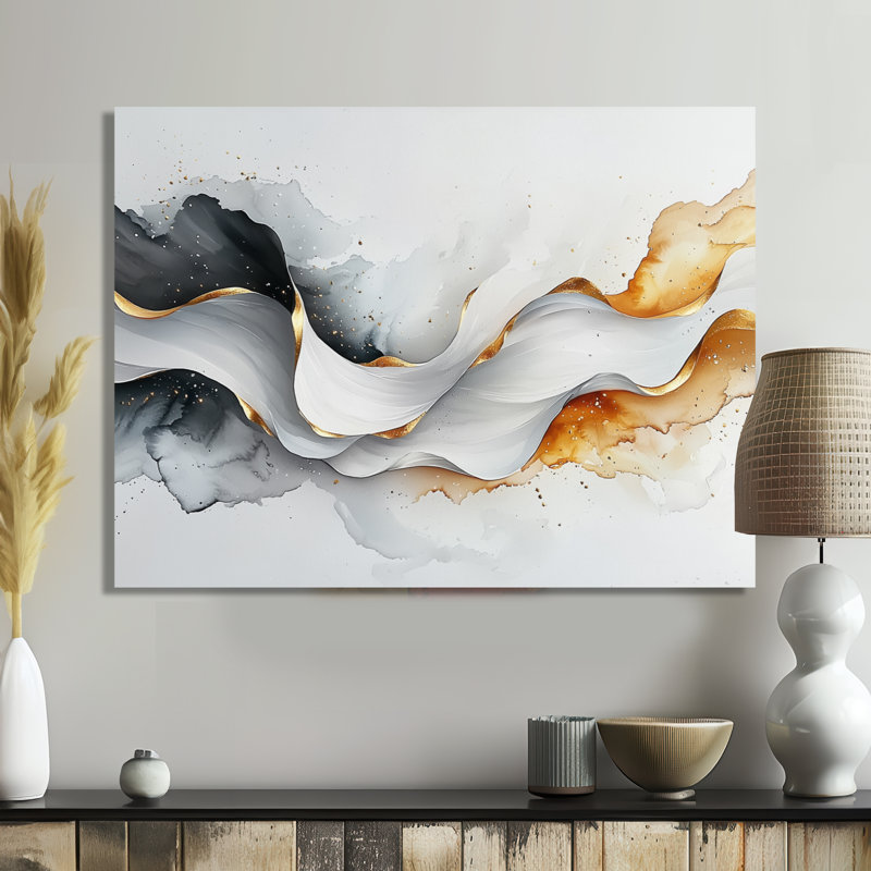 Vagues blanches et dorées blanches de l'introspection, art moderne abstrait, H 12 po x l 20 po, Toile tendue
