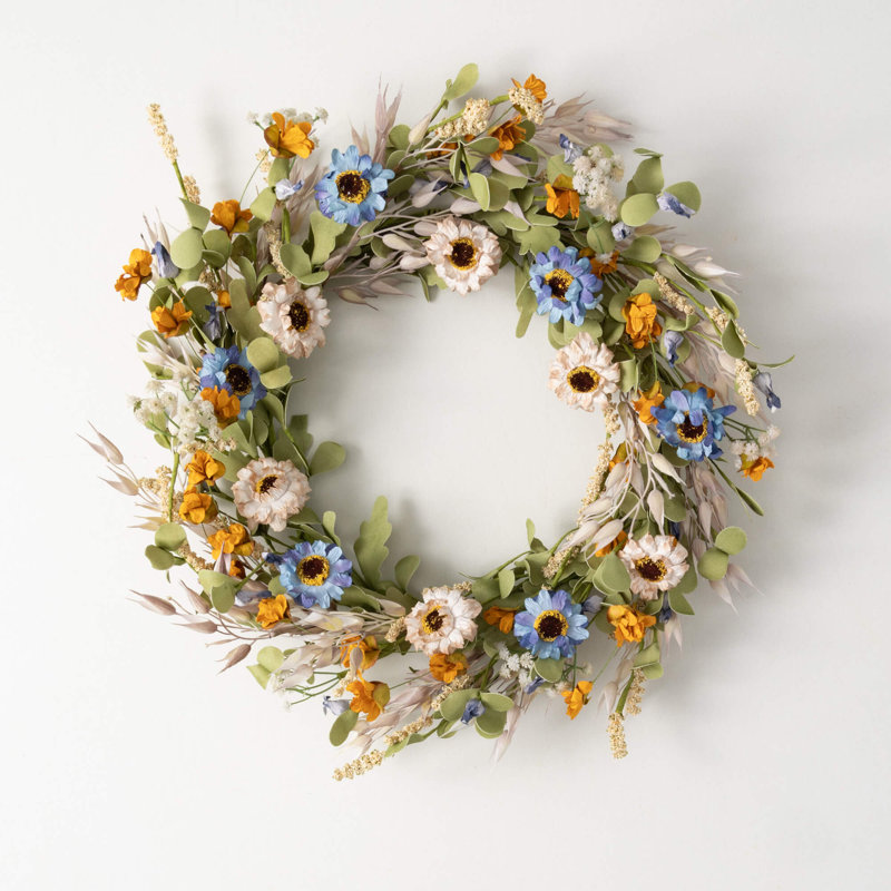 Couronne en plastique artificielle avec fleurs sauvages, H 21,75 po x l 21,75 po x P 3,5 po