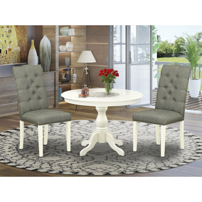 3 Piece Modern Dining Table Set Contains a Round Wooden Table with Pedestal and 2 Gray Linen Fabric Upholstered Parson Chairs, Linen White