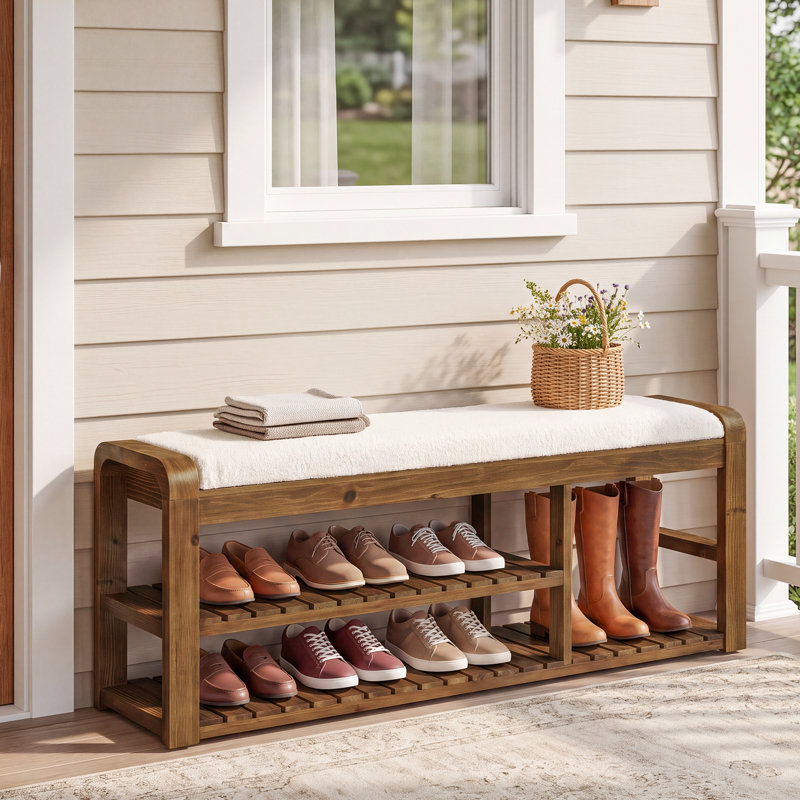 Upholstered Bench with Shelves, Rustic Brown