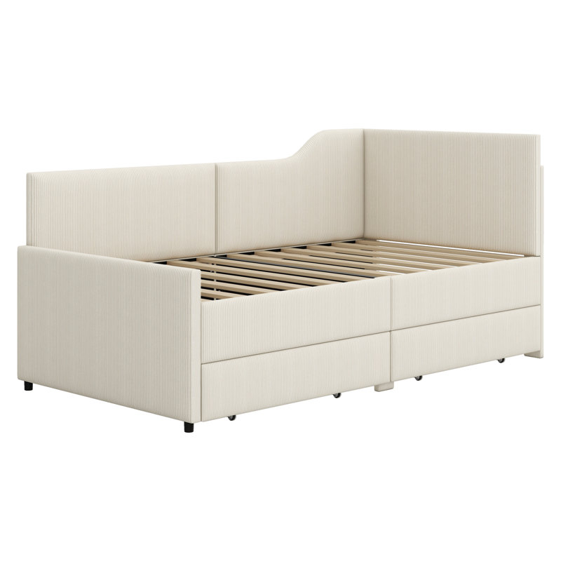 L-Shaped Upholstered Daybed With Storage Drawers, Beige