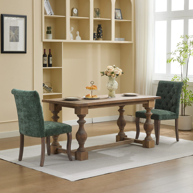 Chaise de salle à manger capitonnée en bois et revêtement de chenille verdoyant pour la cuisine, Vert olive