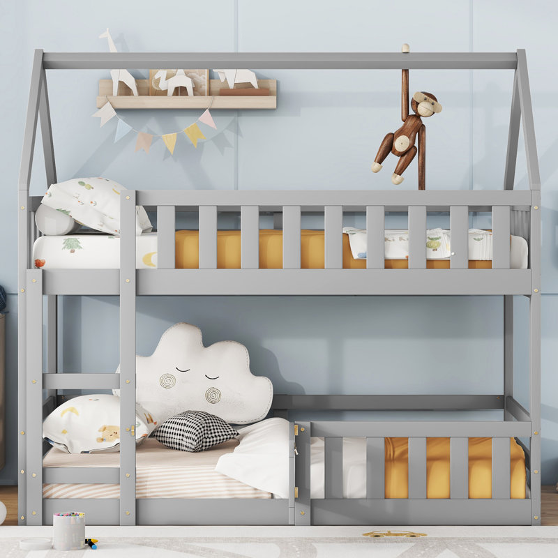 Sereno Solid Wood House Bunk Bed with Fence and Door, Gray