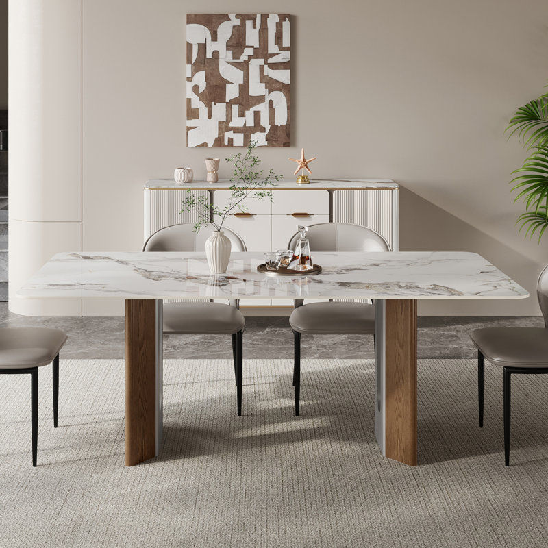 63" Modern Glossy Dining Table, Faux Marble Sintered Stone Double-Layer Top with Stainless Steel Base, Seats 4-6