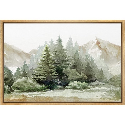 Green Pastel Pine Tree Forest Nature Landscape Rustic Neutral Decor Wall Art Framed Canvas Print