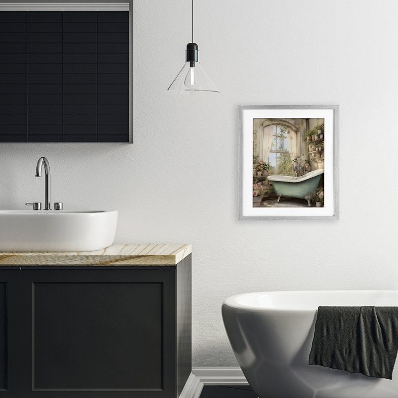 Salle de bain avec tablettes florales remplies, impression encadrée sous verre, design avec lettres et doublure