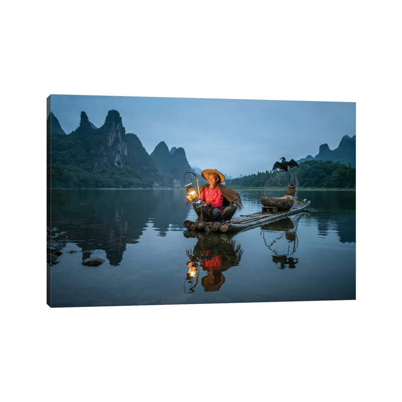 Cormoran Fisherman And Karst Mountains Near Yangshou, Guilin, China by Jan Becke - Wrapped Canvas Print