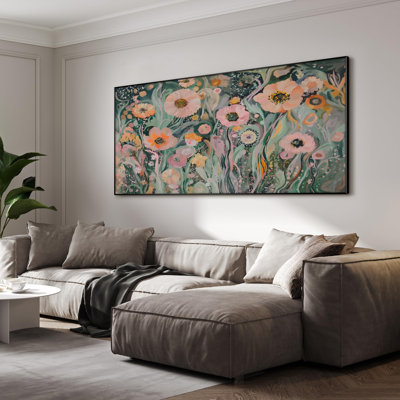 Extra Large Wall Art Fabric Print - Whimsical Garden Bloom, Colorful Abstract Floral Artwork Decor for Living Room or Bedroom - "Frame Assembly Required (Unfinished Frame)"