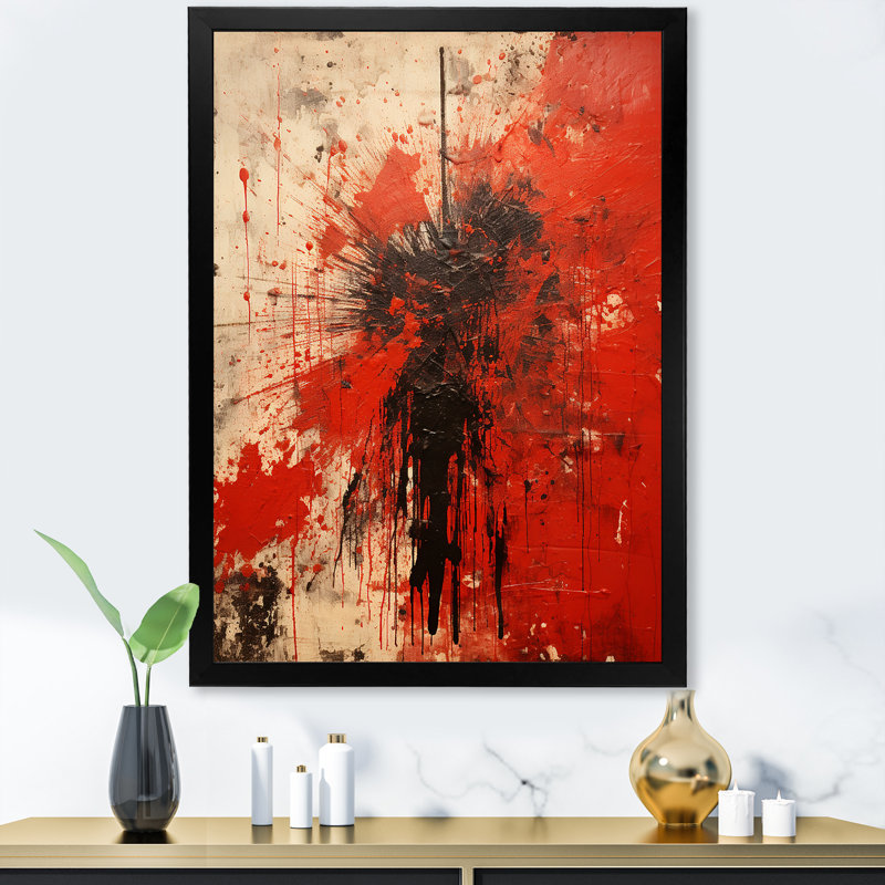 Collages abstraits rouges médiévaux - Art mural abstrait, H 32 po x l 16 po, Encadrement doré
