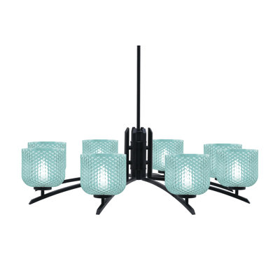 Kurve 8 Light Chandelier Shown In Matte Black Finish With 6" Textured Glass