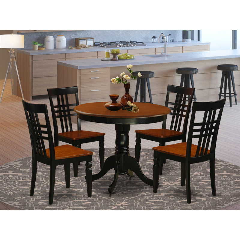 5 Piece Modern Dining Table Set Includes a Round Wooden Table with Pedestal and 4 Dining Room Chairs, Black & Cherry