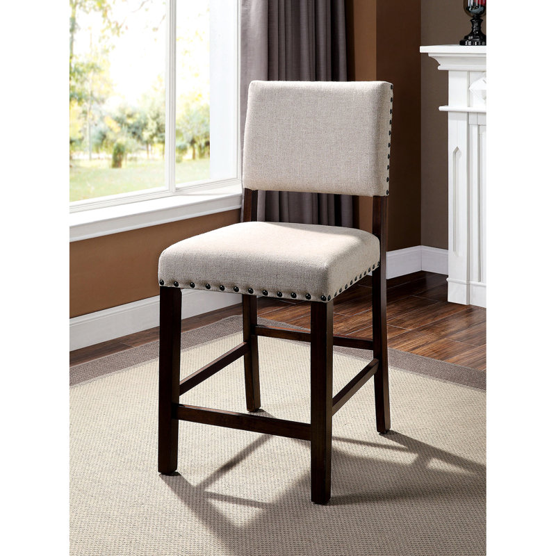 Industrial Counter Height Dining Chairs  2Pc Group , Fabric Upholstered With Padded Linen Cushion And Enticing Nailhead Trim, Solid Wood Brown Cherry For 2Pc In Design, Trim Room