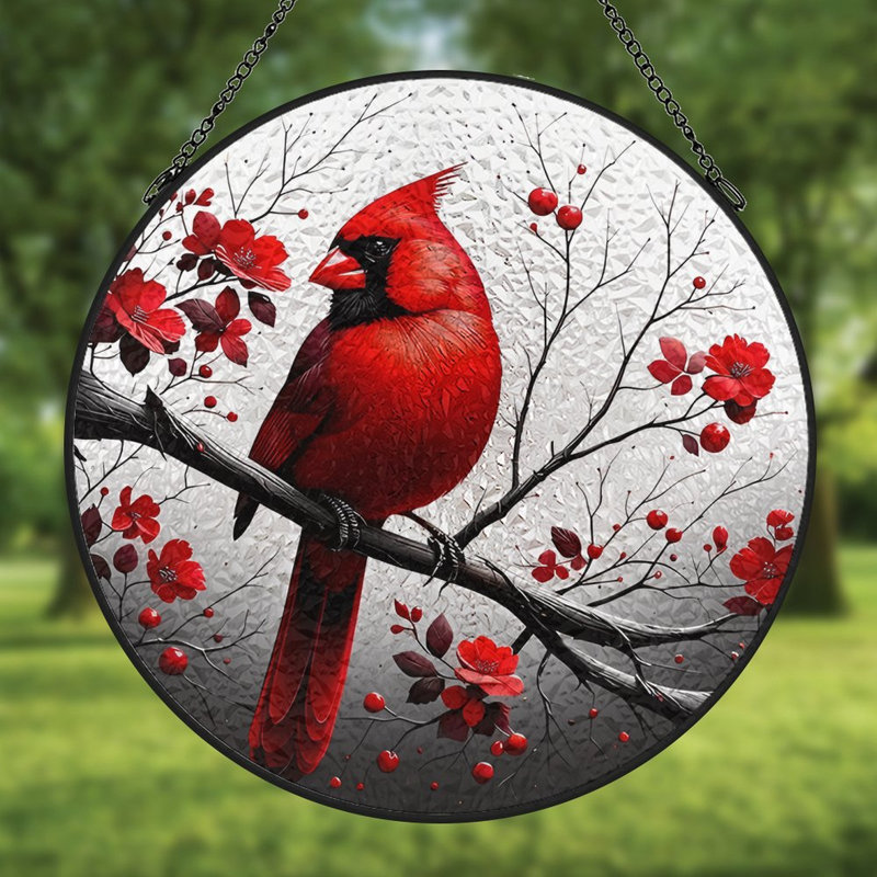 Cardinal perché sur une branche avec des vitraux en verre, 7.8x7.8in(20x20cm)