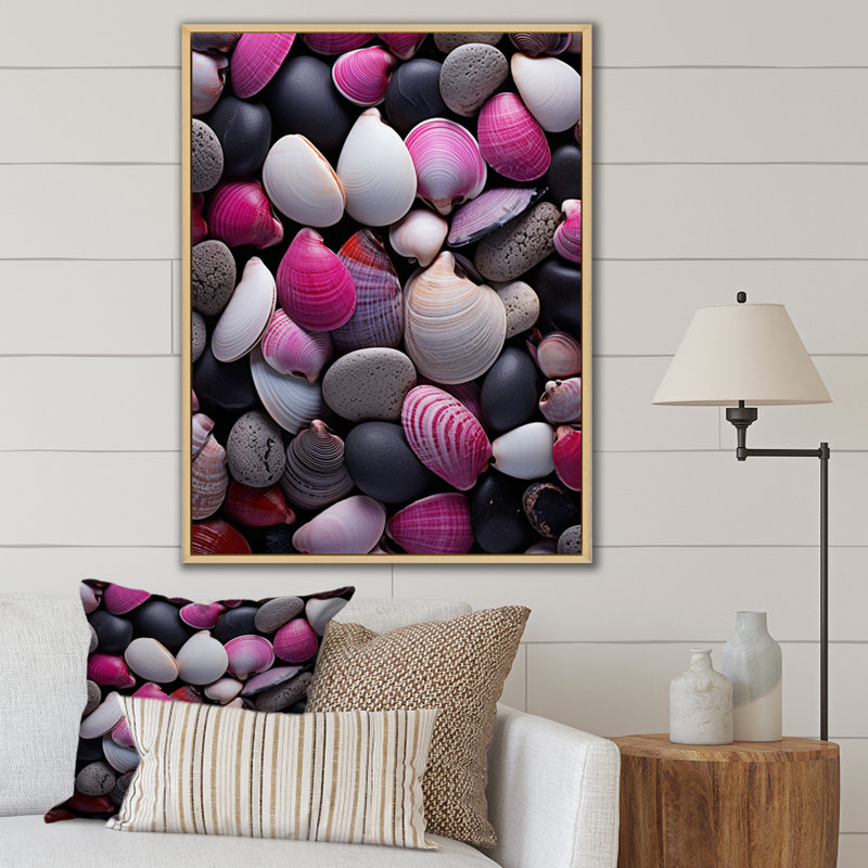 Collage de bord de mer rose, gris, rose, blanc et coquillages, H 32 po x l 24 po x P 1 po, Cadre naturel flottant