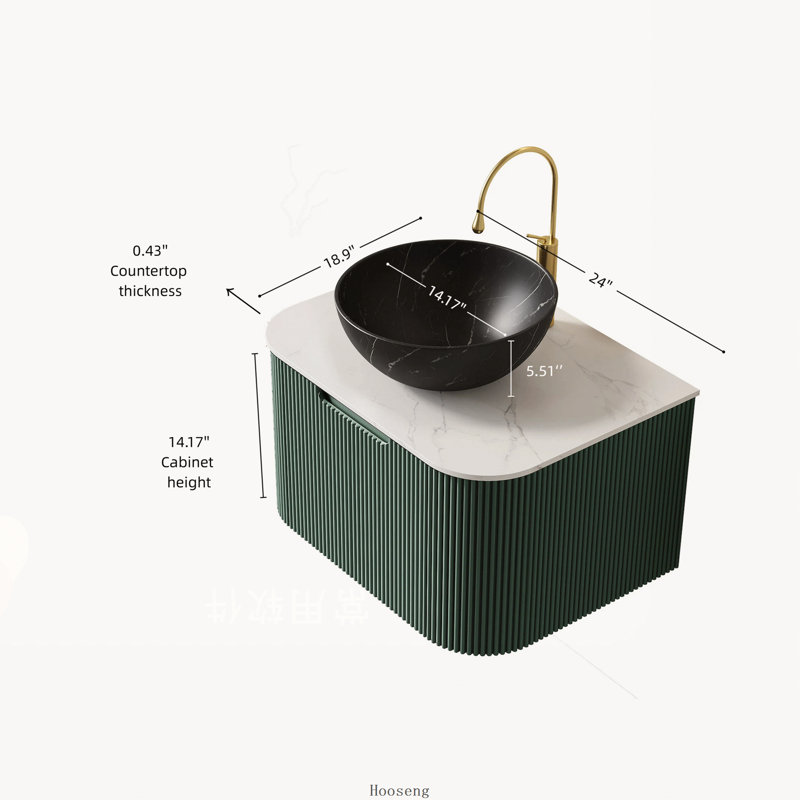 Meuble-lavabo flottant vert foncé 24 po avec armoire rayée incurvée, cuve en céramique noir mat et plateau en pierre frittée