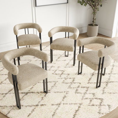 Upholstered Dining Arm Chairs, Bouclé Fabric Accent Chairs with Metal Frame, Modern Armchairs with Cushioned Seat & Back