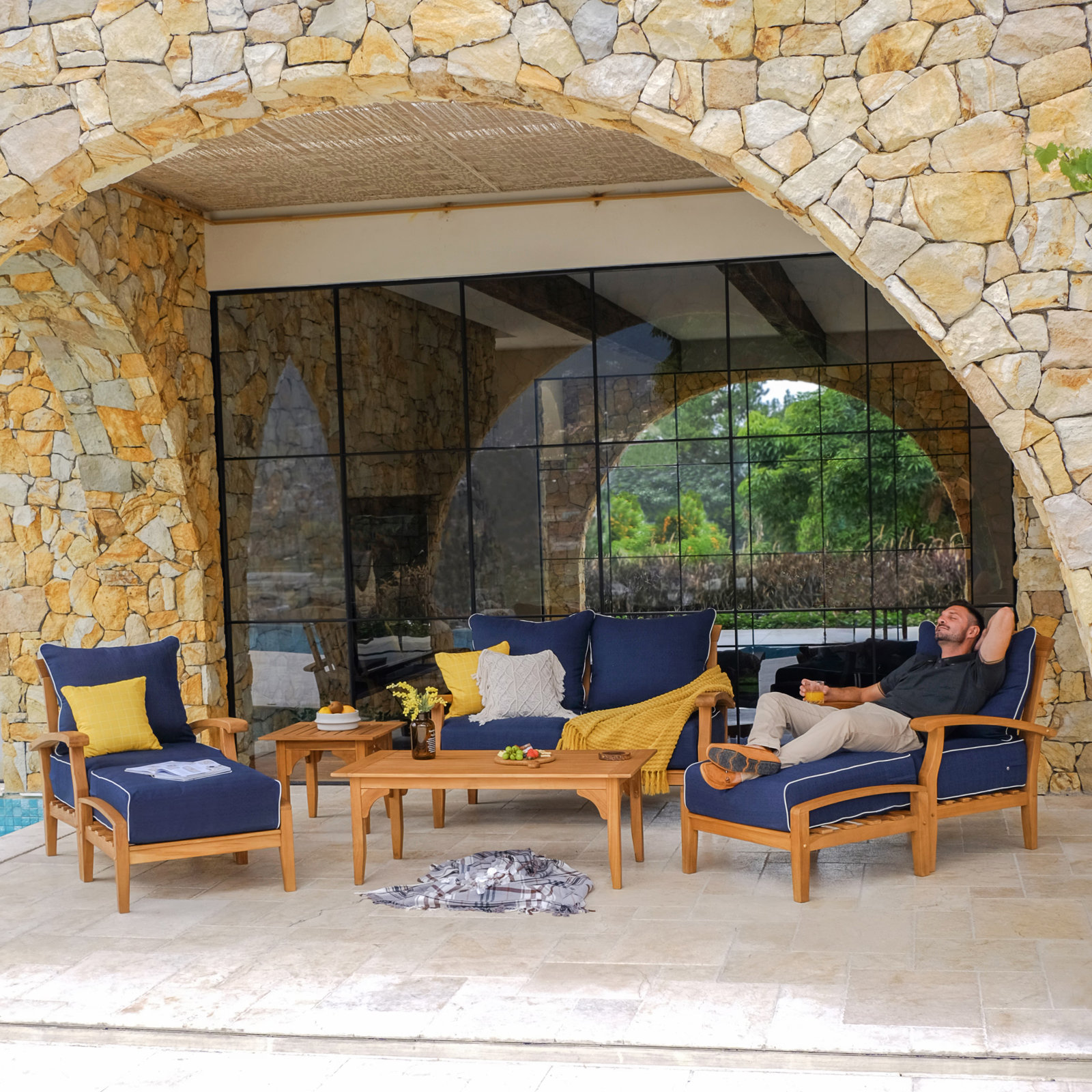 Summerton 6-Person Teak Patio Seating Group, Navy White Piping