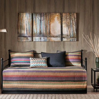 Lit de jour réversible 6 pièces, décoration à rayures multiples, matelas simple, housse, 3 taies décoratives, coussin décoratif, housse lavable à la machine, look, taille 17 po