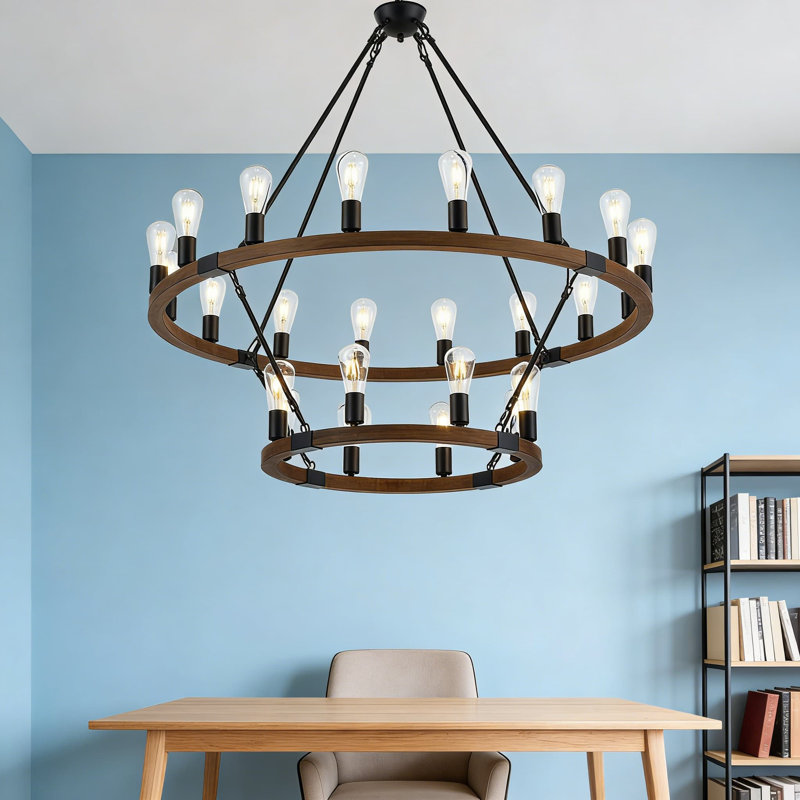 Double Tier Wagon Wheel Chandelier - 24-Light Rustic Farmhouse Wood And Metal Light Fixture For High Ceiling Living Room, Dining Room, Or Foyer