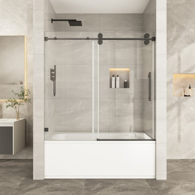 Porte de douche sans cadre KAVRTON l 57 po x l 61 po x H 66 po, porte de douche coulissante simple en noir mat, verre transparent trempé de 3/8 po (10 mm) certifié SGCC