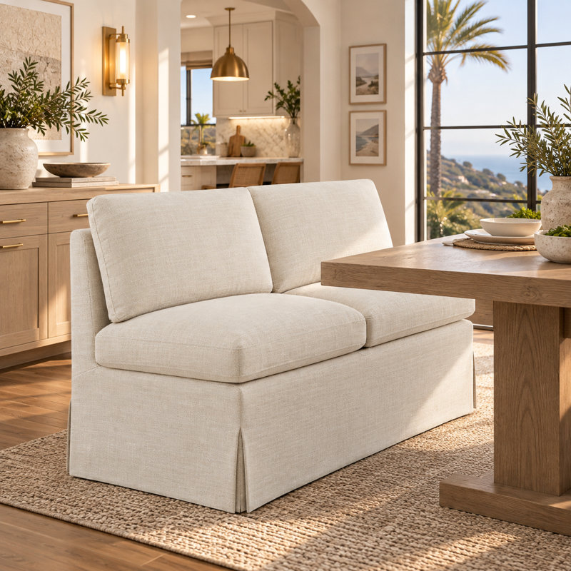 Solid Wood Performance Upholstered Dining Bench, Beige Linen