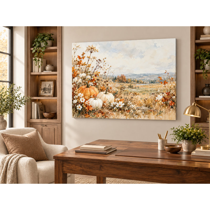 Ingwer emballé dans un paysage de citrouille orange et de marguerite blanche, 48" W x 36" H x 1.5" D
