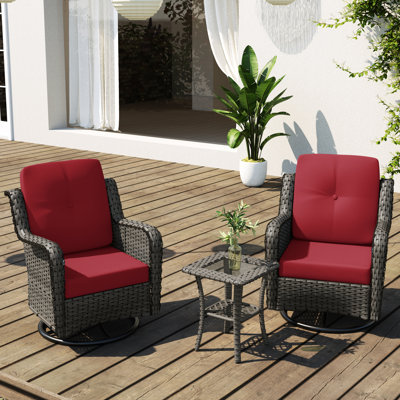 Auryanna Rattan Outdoor Furniture 2 Swivel Chairs with Waterproof Coushions and Glass Top Table Set