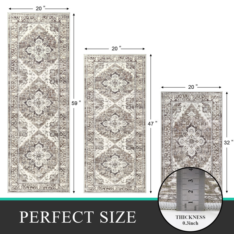 Non-slip Washable Kitchen Mat Runner (Set of 3), Beige