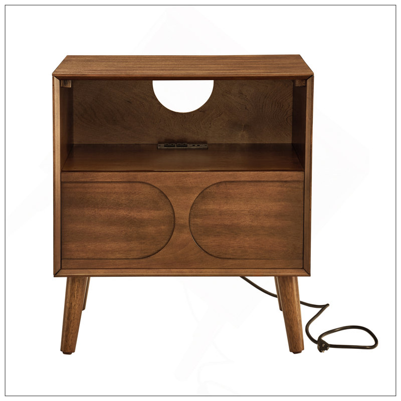 Mid Century Modern Fluted Nightstand With Charging Station, USB Ports, And Outlet Hole, 4 Solid Wood Legs, Open Space, And Drawer, Walnut
