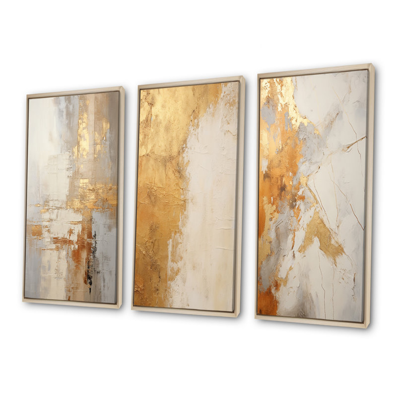 Ensemble de 3 décorations murales abstraites dorées et blanches, H 28 po x l 36 po, Cadre flottant brun