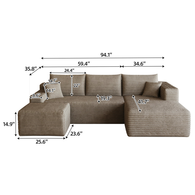 Canapé modulaire en velours côtelé de 94 po sans assemblage requis, Camel