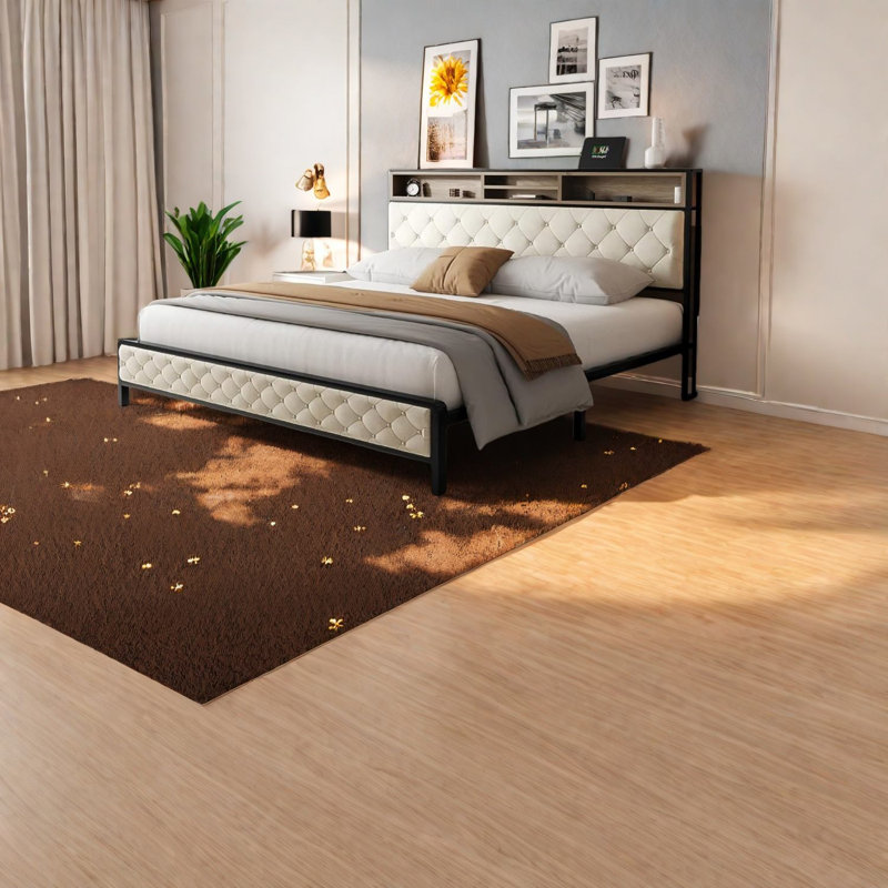 Lit plateforme très grand avec rangement, style élégant en métal et beige