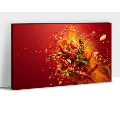 Kitchen Canvas Wall Art Spices and Chili Red Burst Canvas Prints Food Poster Still Life Painting Kitchen Pictures Wall Decor Dining Room Wall Artwork Ready to Hang for Kitchen Decor, 12×16 Inches