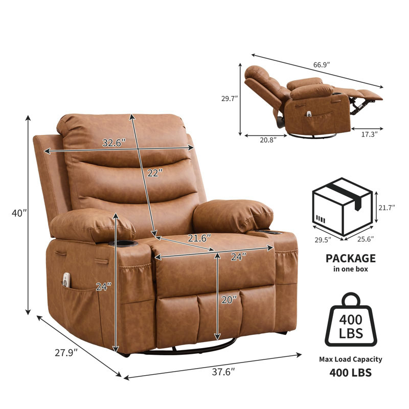 37.6" Wide Oversized Manual Recliner with Massage and Heat, PU Leather Swivel Rocker Chair with Cup Holder, Brown, PU Leather