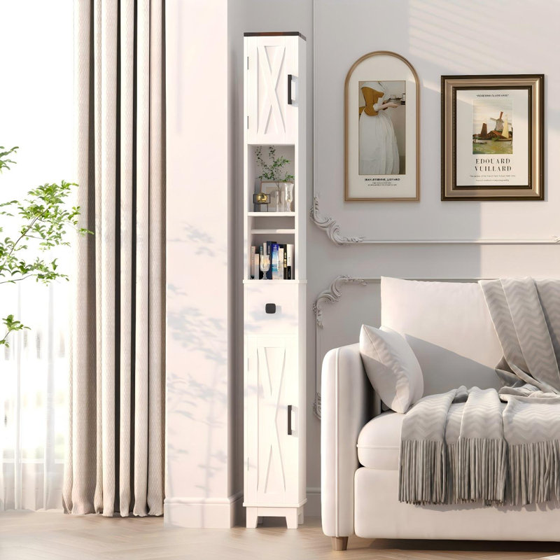71'' Tall Narrow Bathroom Storage Cabinet - Slim Freestanding Cabinet with Adjustable Shelves and Towel Bar for Small Spaces, Perfect for Living Rooms and Shower Rooms