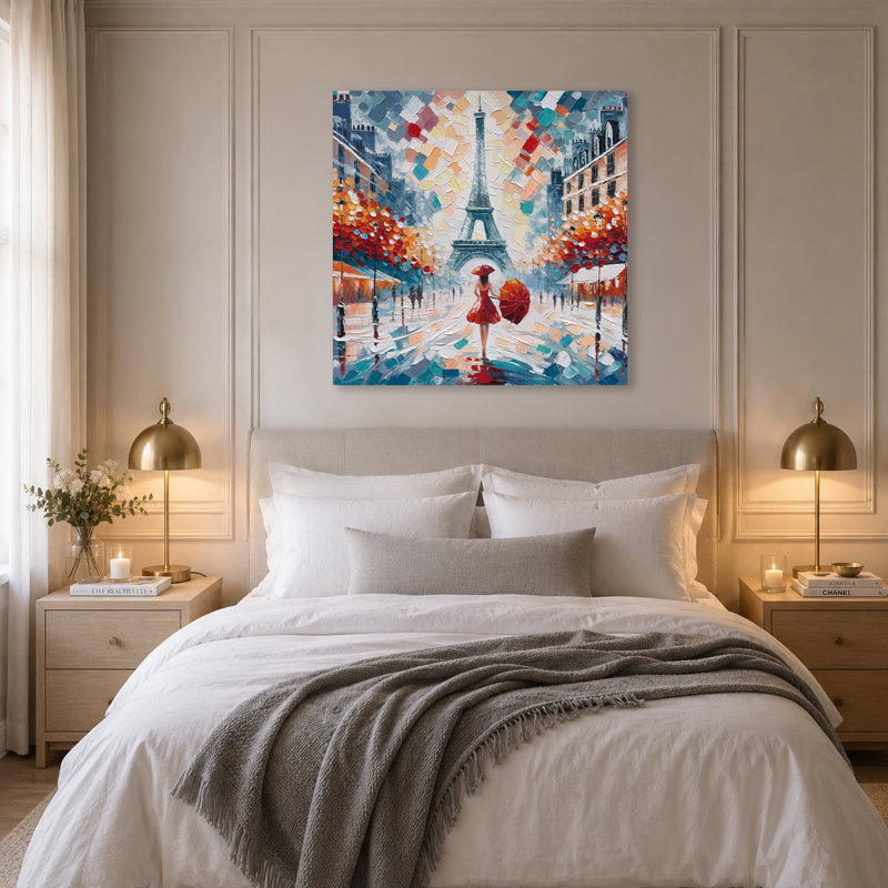 Peinture à l'huile texturée de la Tour Eiffel et d'une dame se promenant avec un parasol rouge sur toile