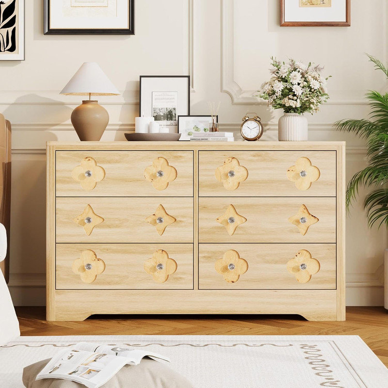 6/7 Drawer Boho Dresser, Wooden Chest with Decorative Front & Crystal Knobs for Bedroom, Beige