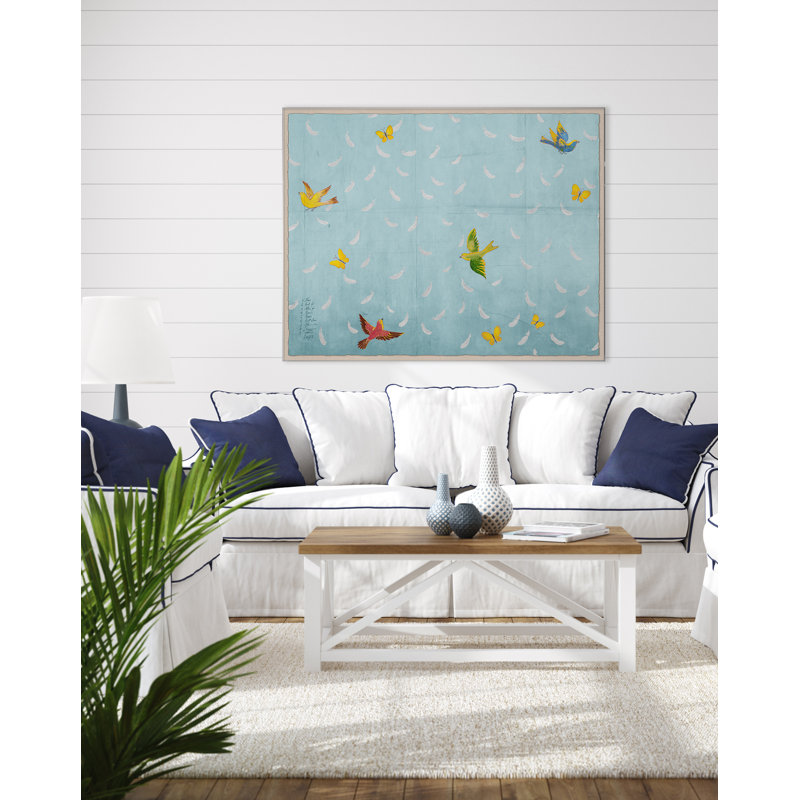 «Blue Feathers» par Paule Marrot - impression, Boîte en acrylique, H 44 po x l 56 po x P 1,25 po