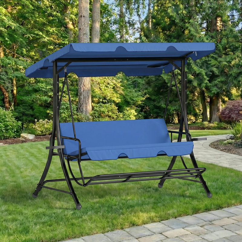 Balançoire d'extérieur 2 en 1 avec repose-pieds, parasol réglable et coussin amovible, Noir / Bleu